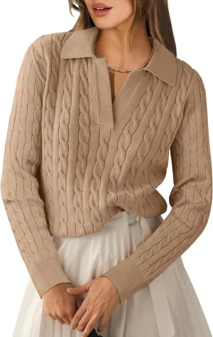 ANRABESS Womens Cable Knit Sweaters Long Sleeve V Neck Sweater Tops Casual Pullover Polo Shirts 2024 Fall Fashion Outfits