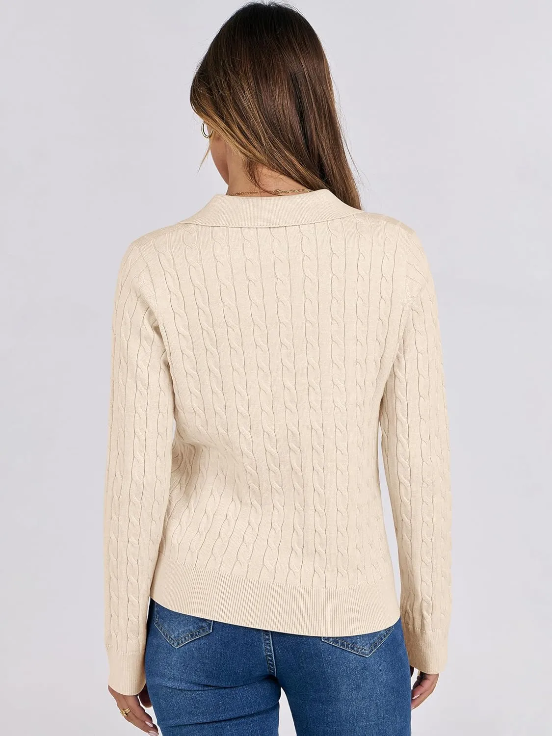 ANRABESS Womens Cable Knit Sweaters Long Sleeve V Neck Sweater Tops Casual Pullover Polo Shirts 2024 Fall Fashion Outfits
