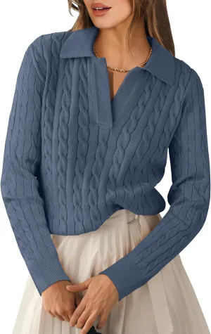 ANRABESS Womens Cable Knit Sweaters Long Sleeve V Neck Sweater Tops Casual Pullover Polo Shirts 2024 Fall Fashion Outfits