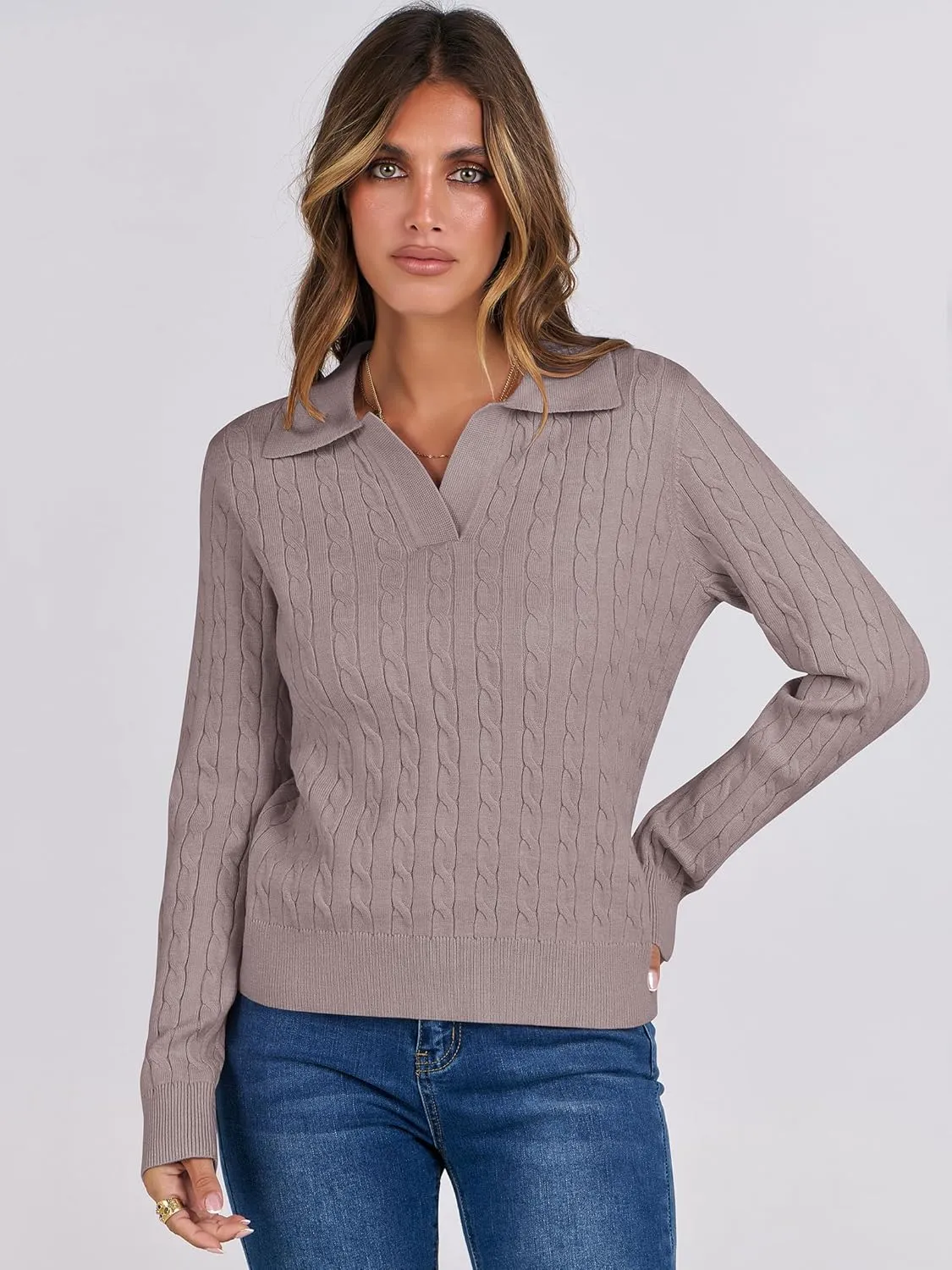 ANRABESS Womens Cable Knit Sweaters Long Sleeve V Neck Sweater Tops Casual Pullover Polo Shirts 2024 Fall Fashion Outfits