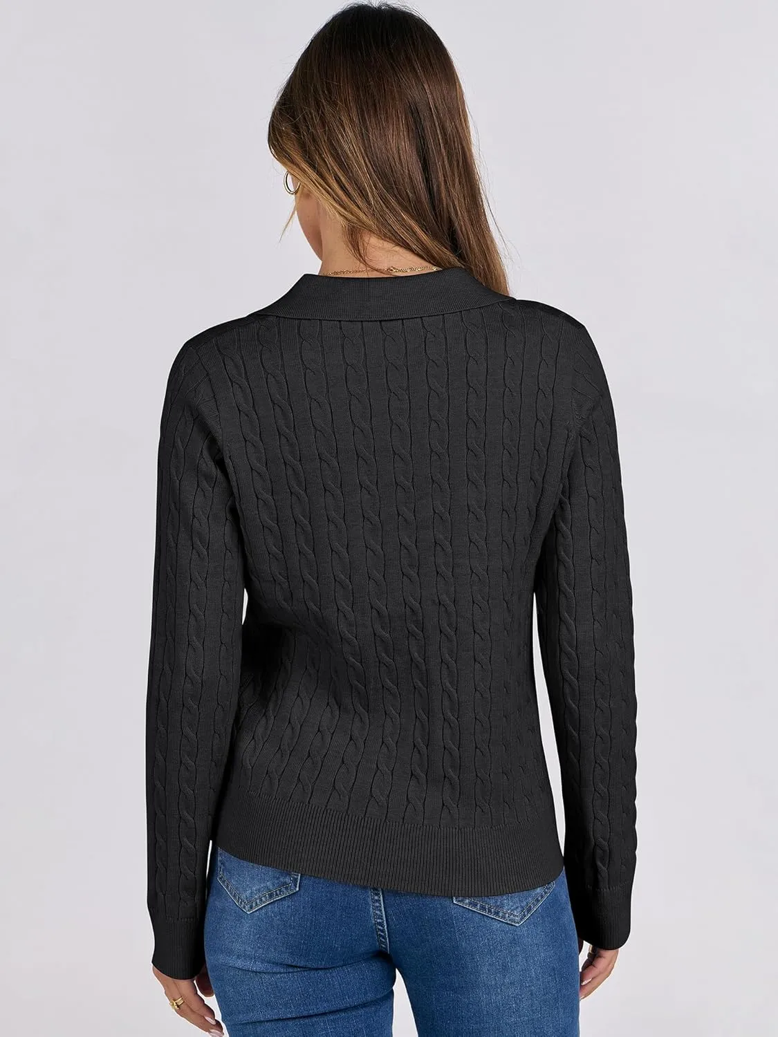 ANRABESS Womens Cable Knit Sweaters Long Sleeve V Neck Sweater Tops Casual Pullover Polo Shirts 2024 Fall Fashion Outfits