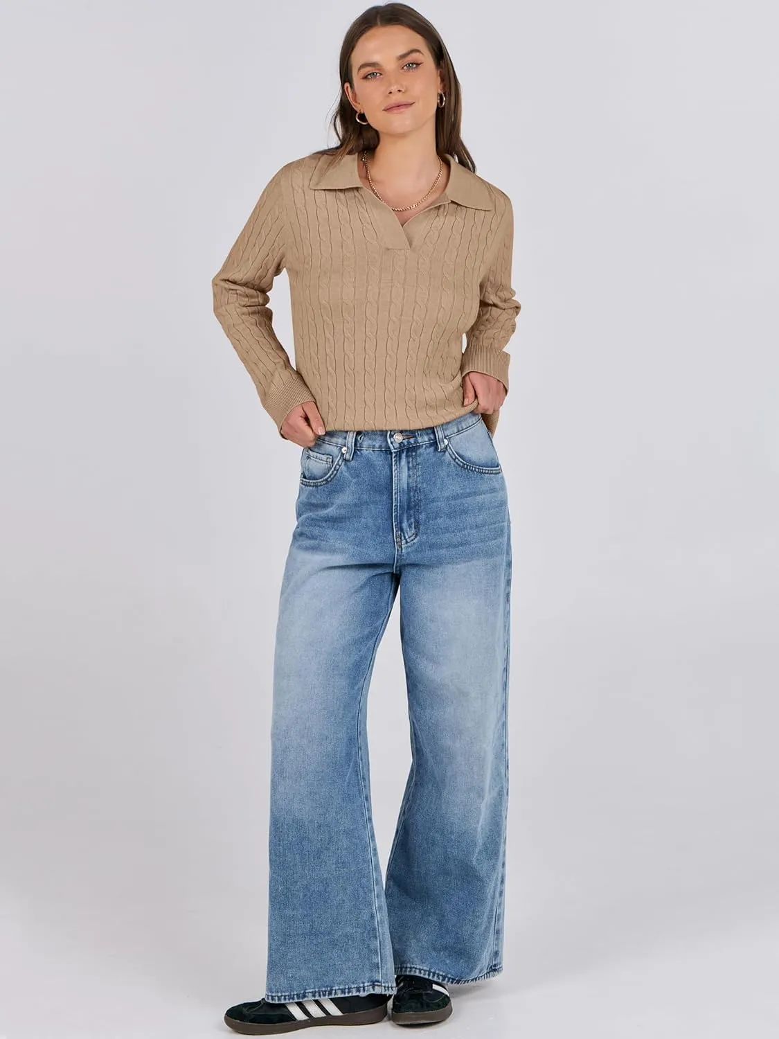 ANRABESS Womens Cable Knit Sweaters Long Sleeve V Neck Sweater Tops Casual Pullover Polo Shirts 2024 Fall Fashion Outfits