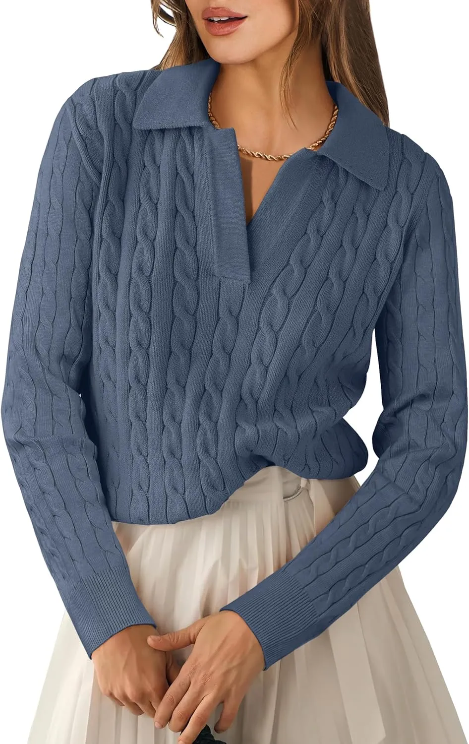 ANRABESS Womens Cable Knit Sweaters Long Sleeve V Neck Sweater Tops Casual Pullover Polo Shirts 2024 Fall Fashion Outfits