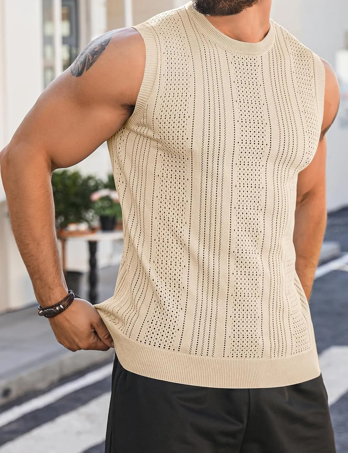 Babioboa Men's Knitted Tank Tops Casual Hollow Out Sleeveless T Shirts Beach Cut Off Summer Boho Tee
