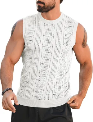 Babioboa Men's Knitted Tank Tops Casual Hollow Out Sleeveless T Shirts Beach Cut Off Summer Boho Tee