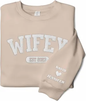 BACHKIM Custom Embroidered Wifey Sweatshirt, Personalized Embroidered Hoodie For Partner Lover New Wife, Matching Couple Shirt, Embroidered Couple Hoodie, His And Her Sweatshirt Beige, Medium