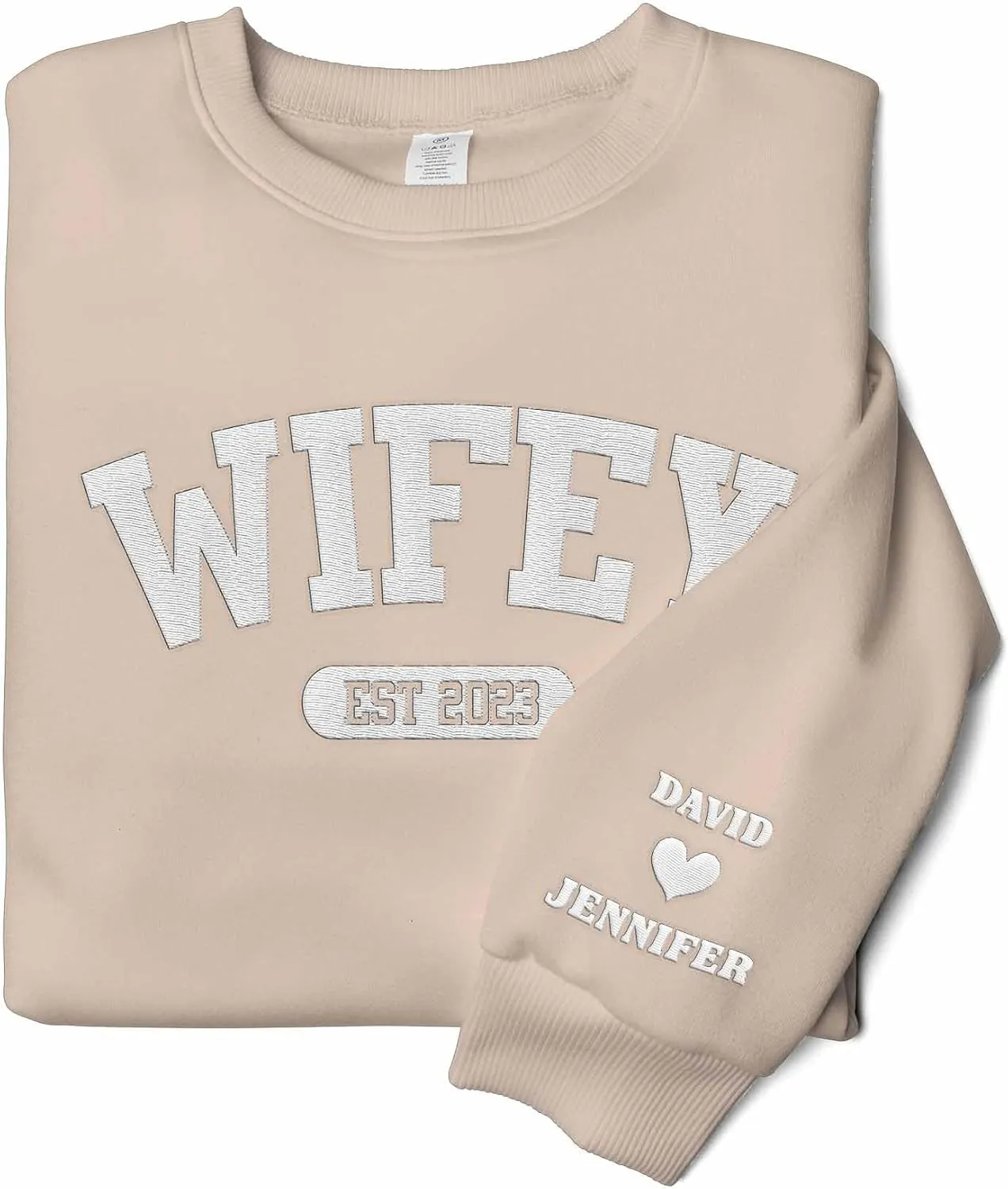 BACHKIM Custom Embroidered Wifey Sweatshirt, Personalized Embroidered Hoodie For Partner Lover New Wife, Matching Couple Shirt, Embroidered Couple Hoodie, His And Her Sweatshirt Beige, Medium