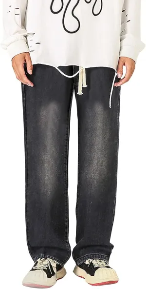 Baggy Straight Leg Jeans Men Baggy Drawstring Denim Pants Summer Casual Wide Leg Jeans Hip Hop High Street Trousers