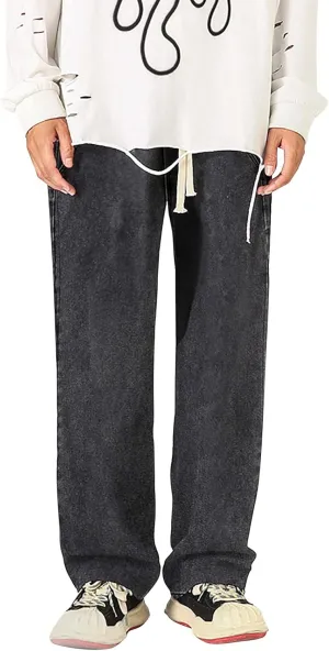 Baggy Straight Leg Jeans Men Baggy Drawstring Denim Pants Summer Casual Wide Leg Jeans Hip Hop High Street Trousers