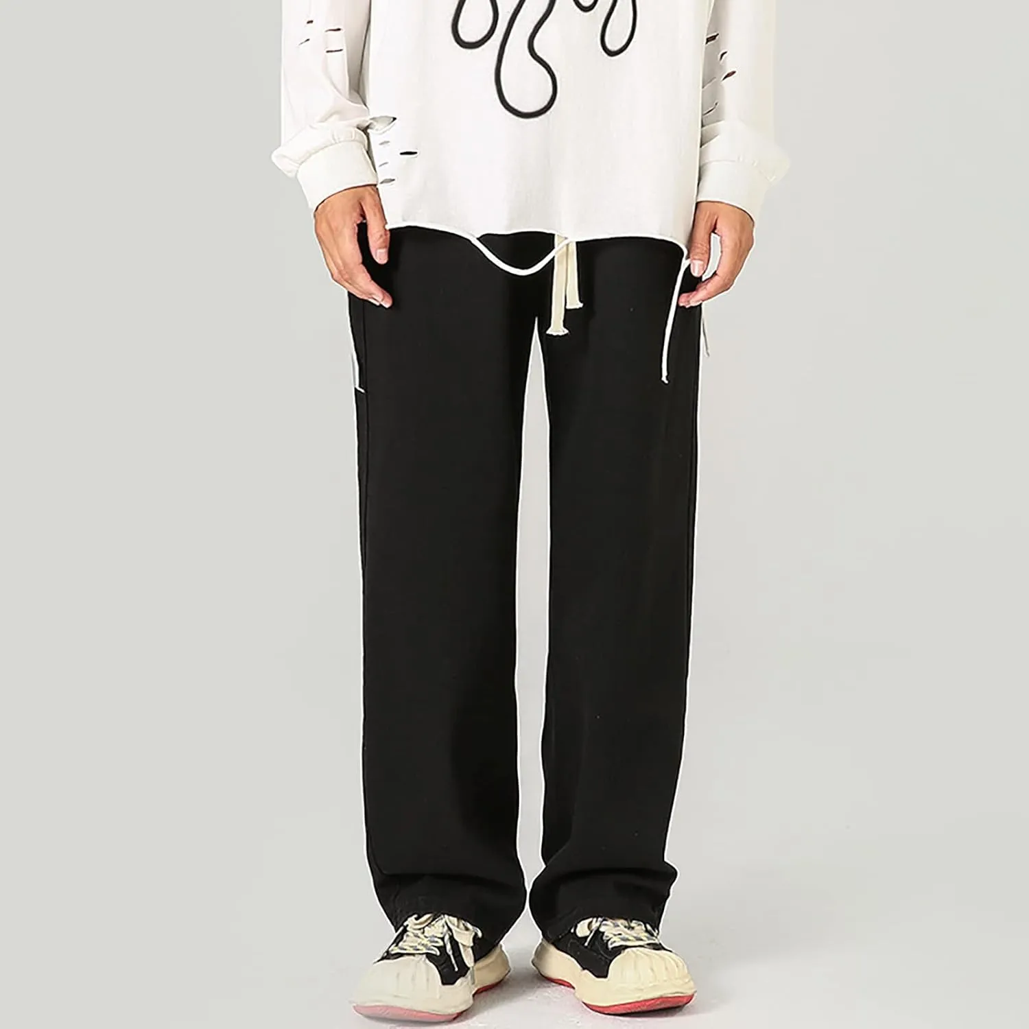 Baggy Straight Leg Jeans Men Baggy Drawstring Denim Pants Summer Casual Wide Leg Jeans Hip Hop High Street Trousers