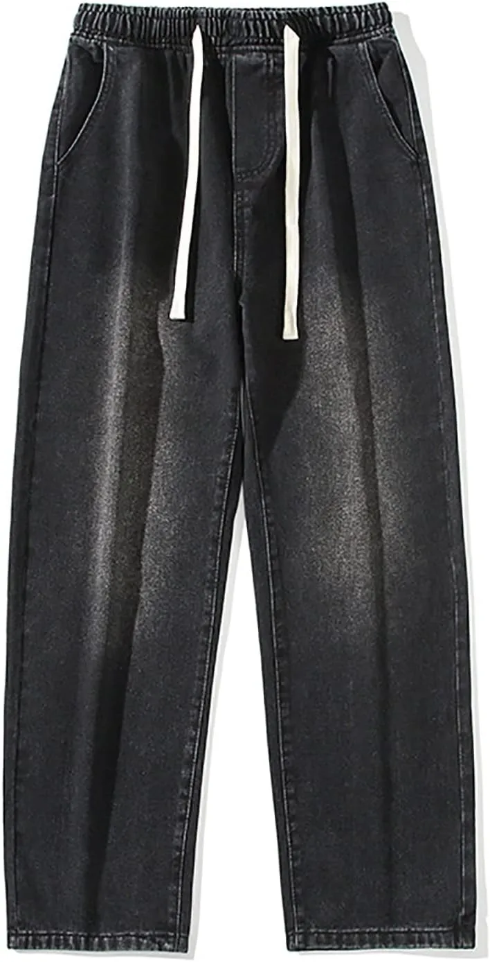 Baggy Straight Leg Jeans Men Baggy Drawstring Denim Pants Summer Casual Wide Leg Jeans Hip Hop High Street Trousers