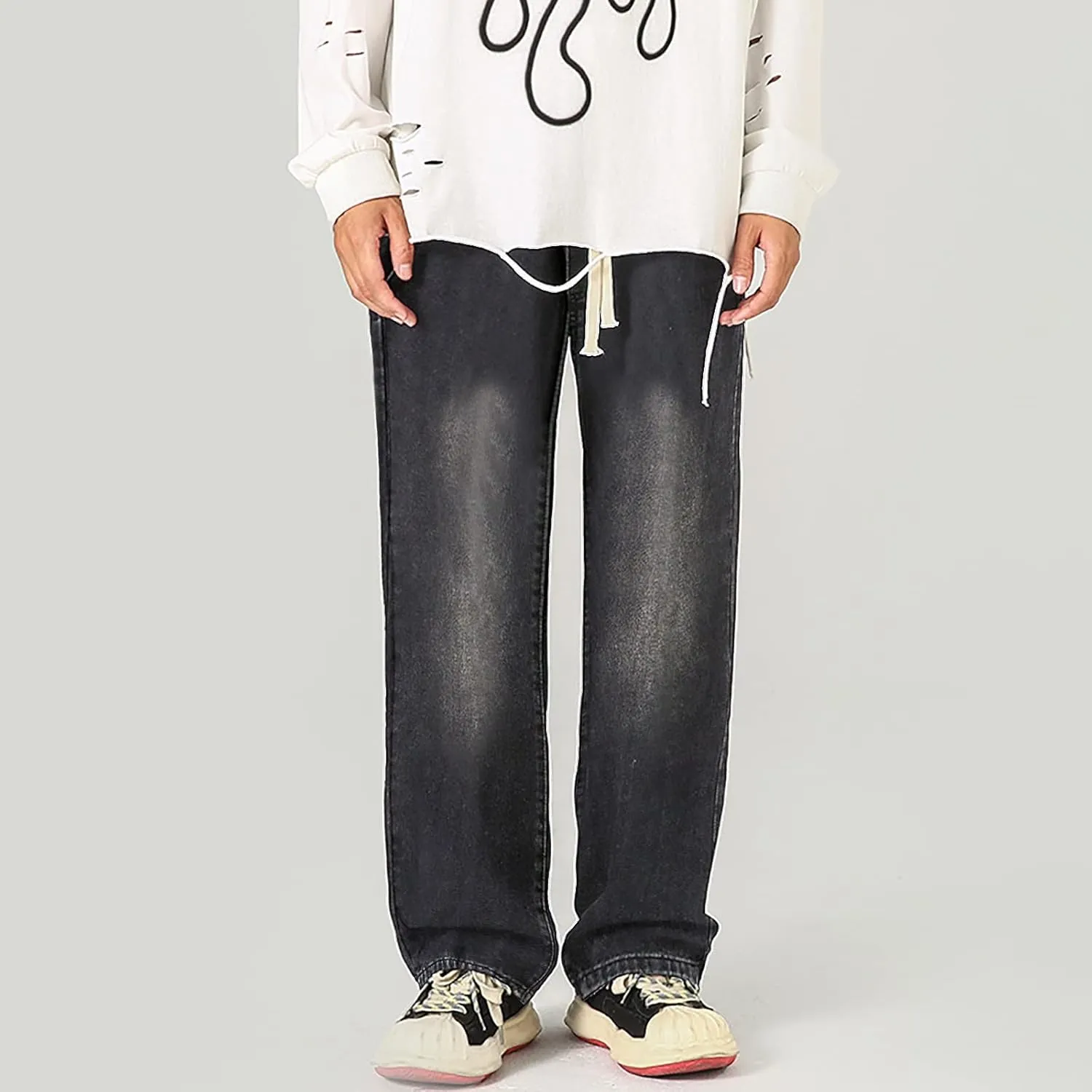 Baggy Straight Leg Jeans Men Baggy Drawstring Denim Pants Summer Casual Wide Leg Jeans Hip Hop High Street Trousers