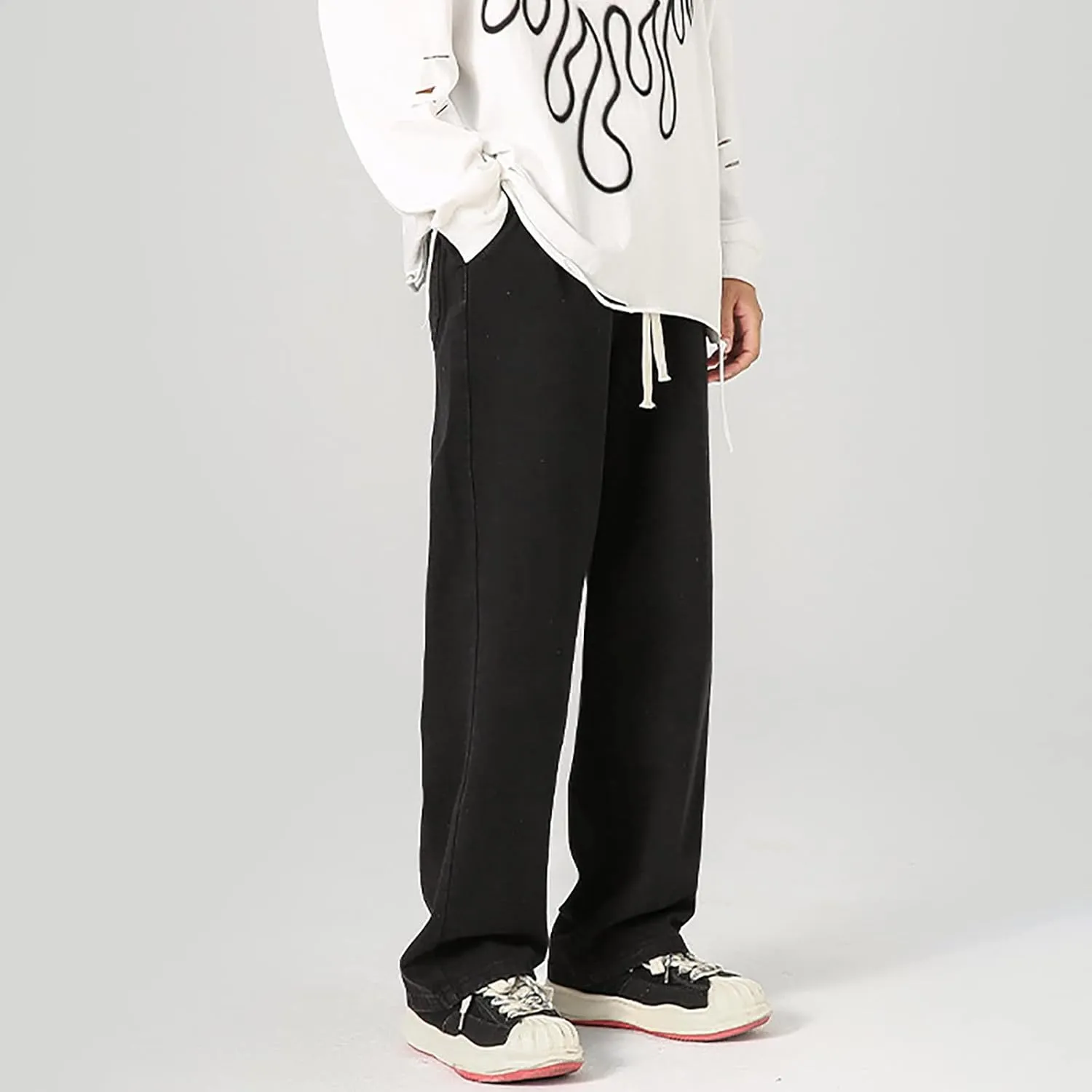 Baggy Straight Leg Jeans Men Baggy Drawstring Denim Pants Summer Casual Wide Leg Jeans Hip Hop High Street Trousers