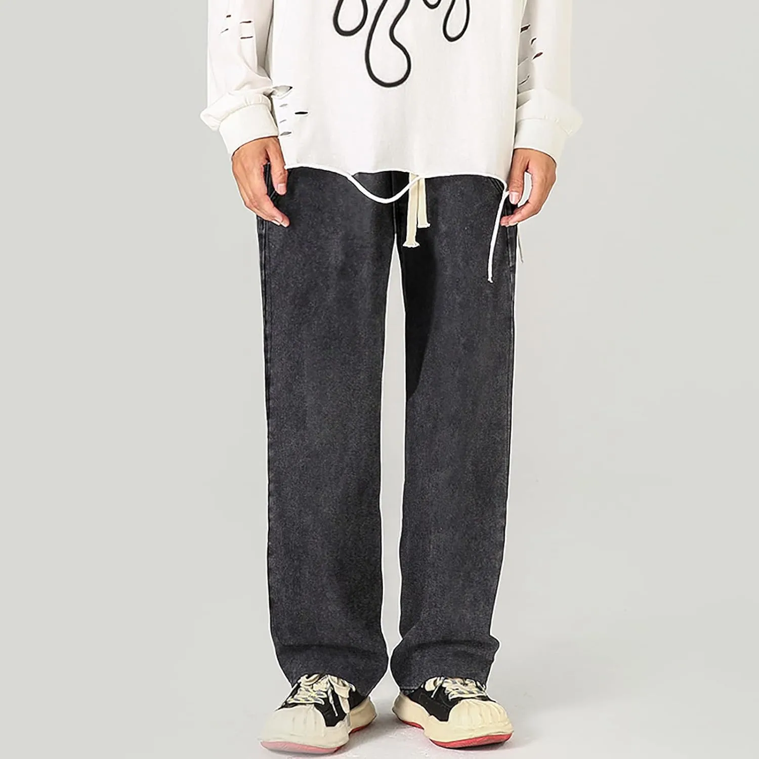 Baggy Straight Leg Jeans Men Baggy Drawstring Denim Pants Summer Casual Wide Leg Jeans Hip Hop High Street Trousers