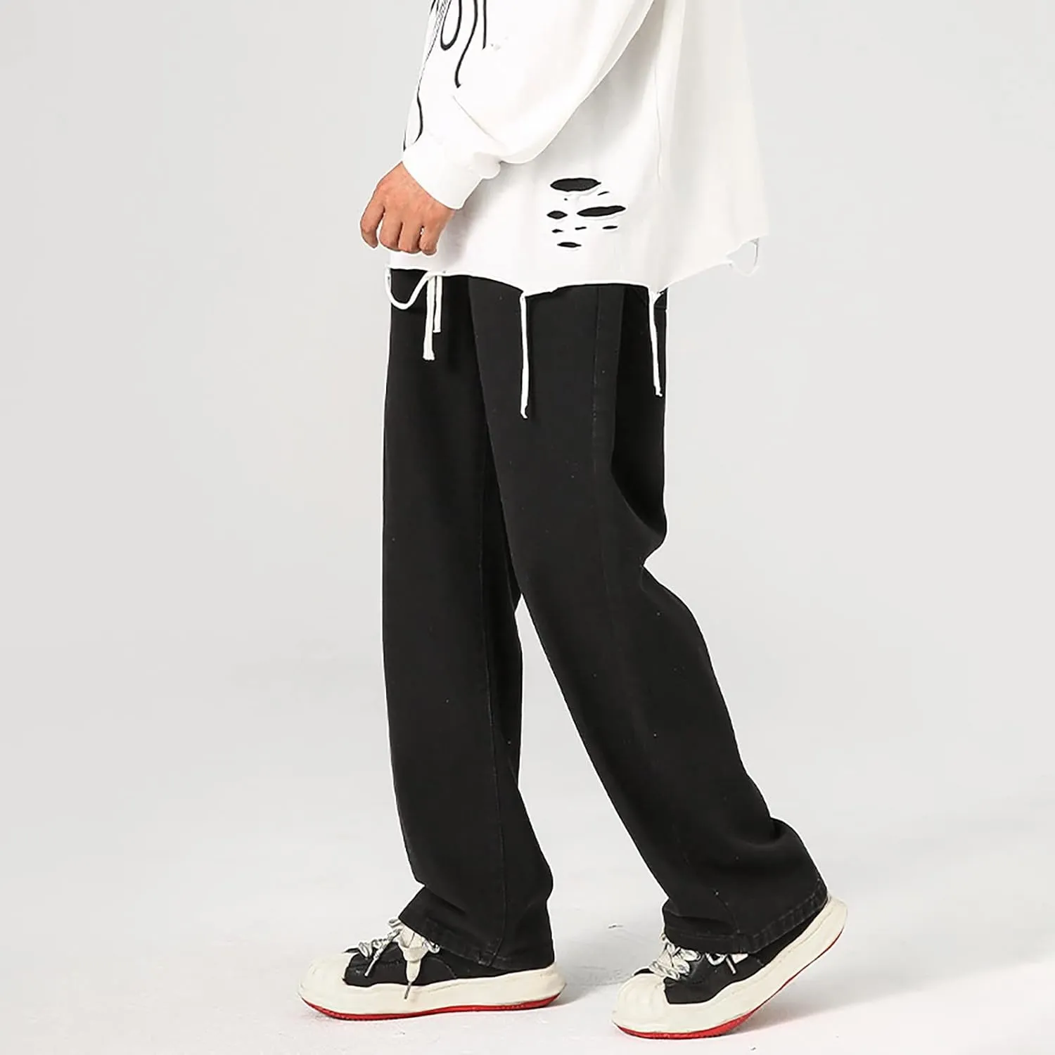 Baggy Straight Leg Jeans Men Baggy Drawstring Denim Pants Summer Casual Wide Leg Jeans Hip Hop High Street Trousers