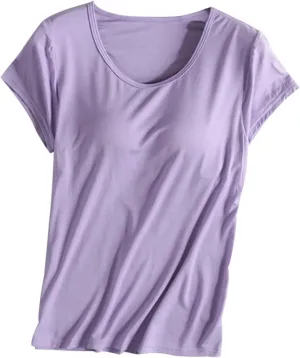 Basic Tees for Women Built in Bra Short Sleeve Crewneck Tops Workout Yoga T Shirts Summer Blouses 2025