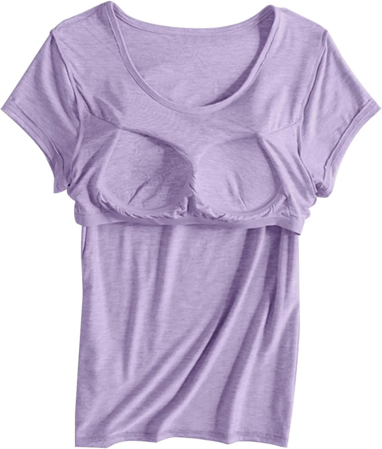 Basic Tees for Women Built in Bra Short Sleeve Crewneck Tops Workout Yoga T Shirts Summer Blouses 2025