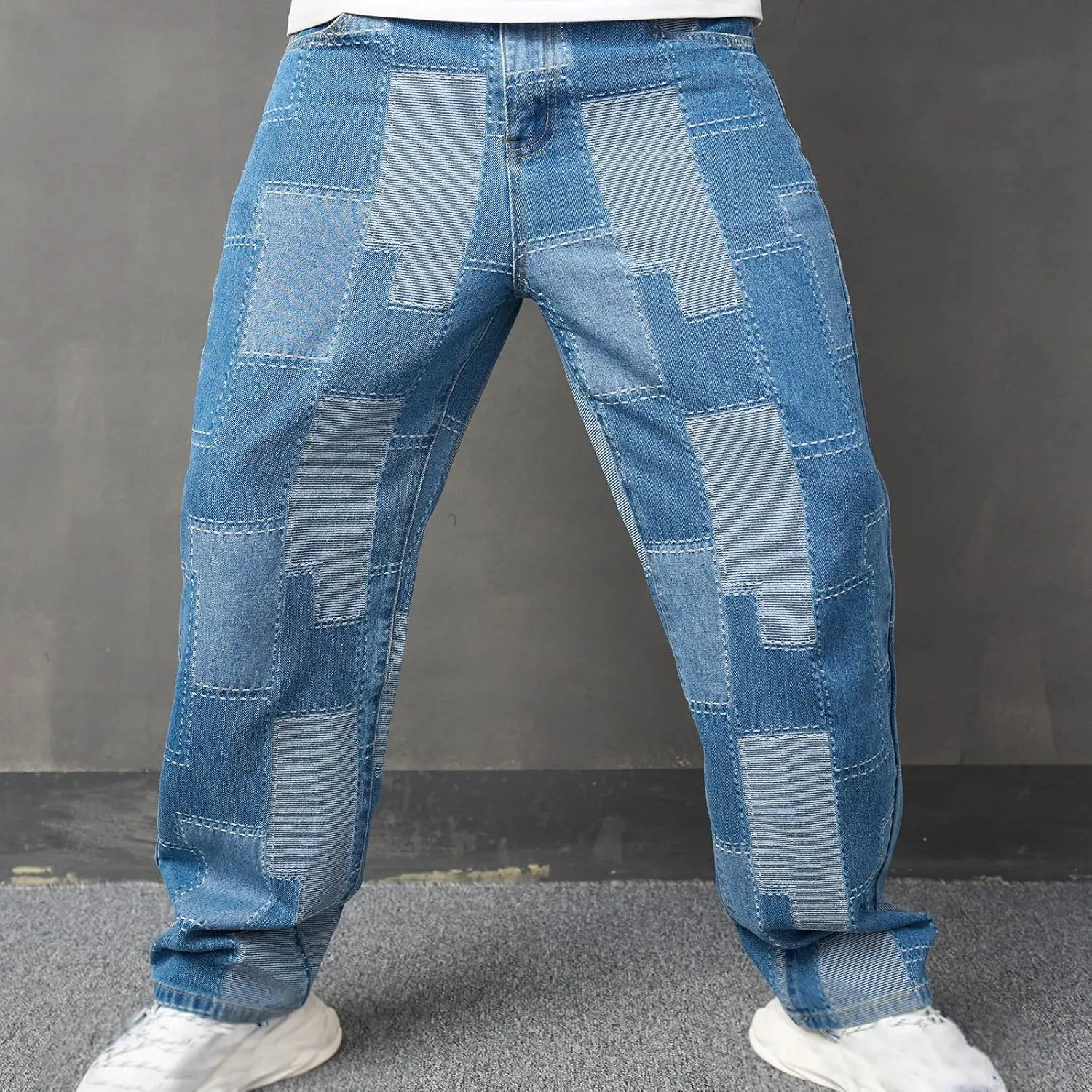 Bidobibo Mens Jeans Bootcut Wide-Leg Jeans Straight Leg Carpenter Denim Pants Loose Fit Trousers Light Blue Patch Jeans