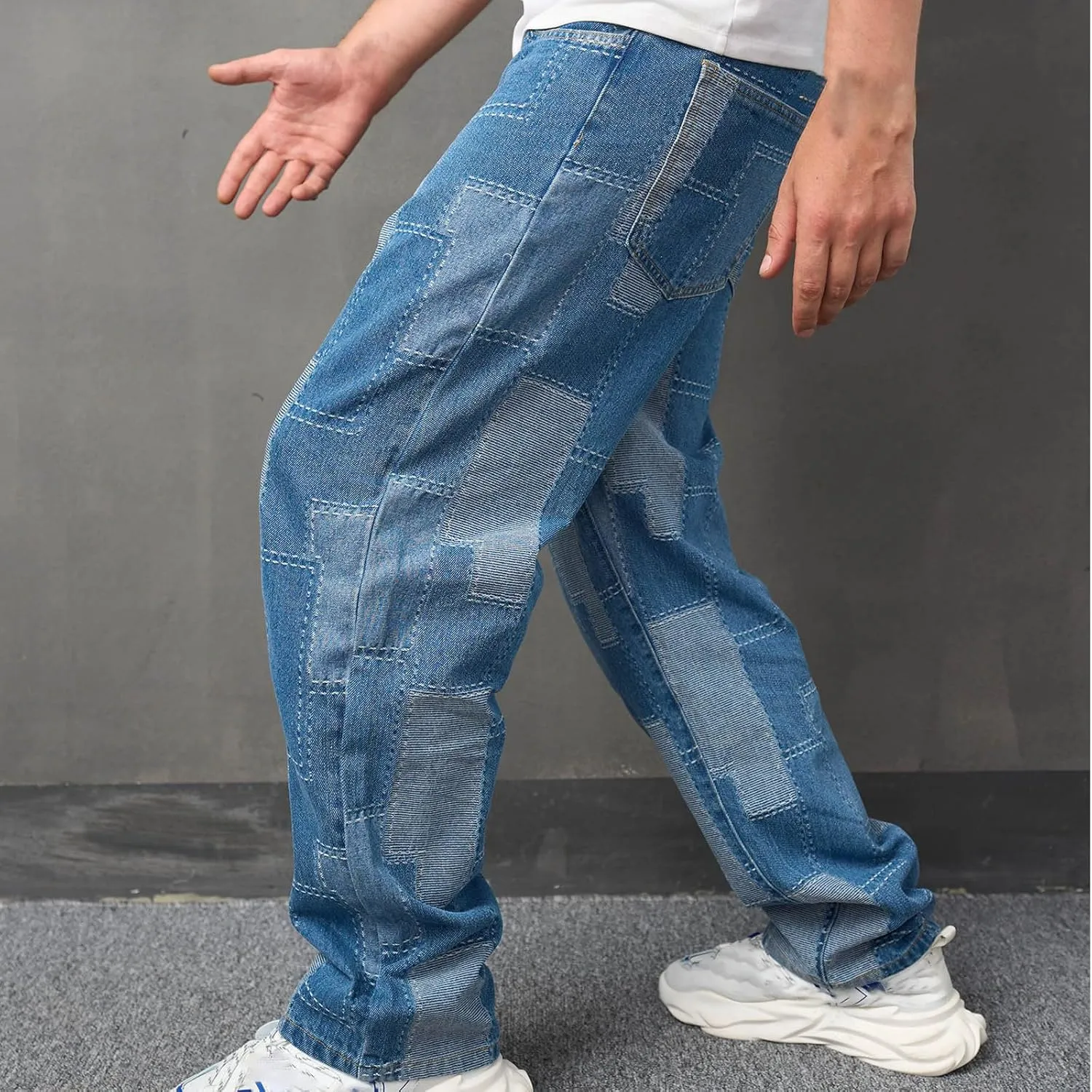 Bidobibo Mens Jeans Bootcut Wide-Leg Jeans Straight Leg Carpenter Denim Pants Loose Fit Trousers Light Blue Patch Jeans