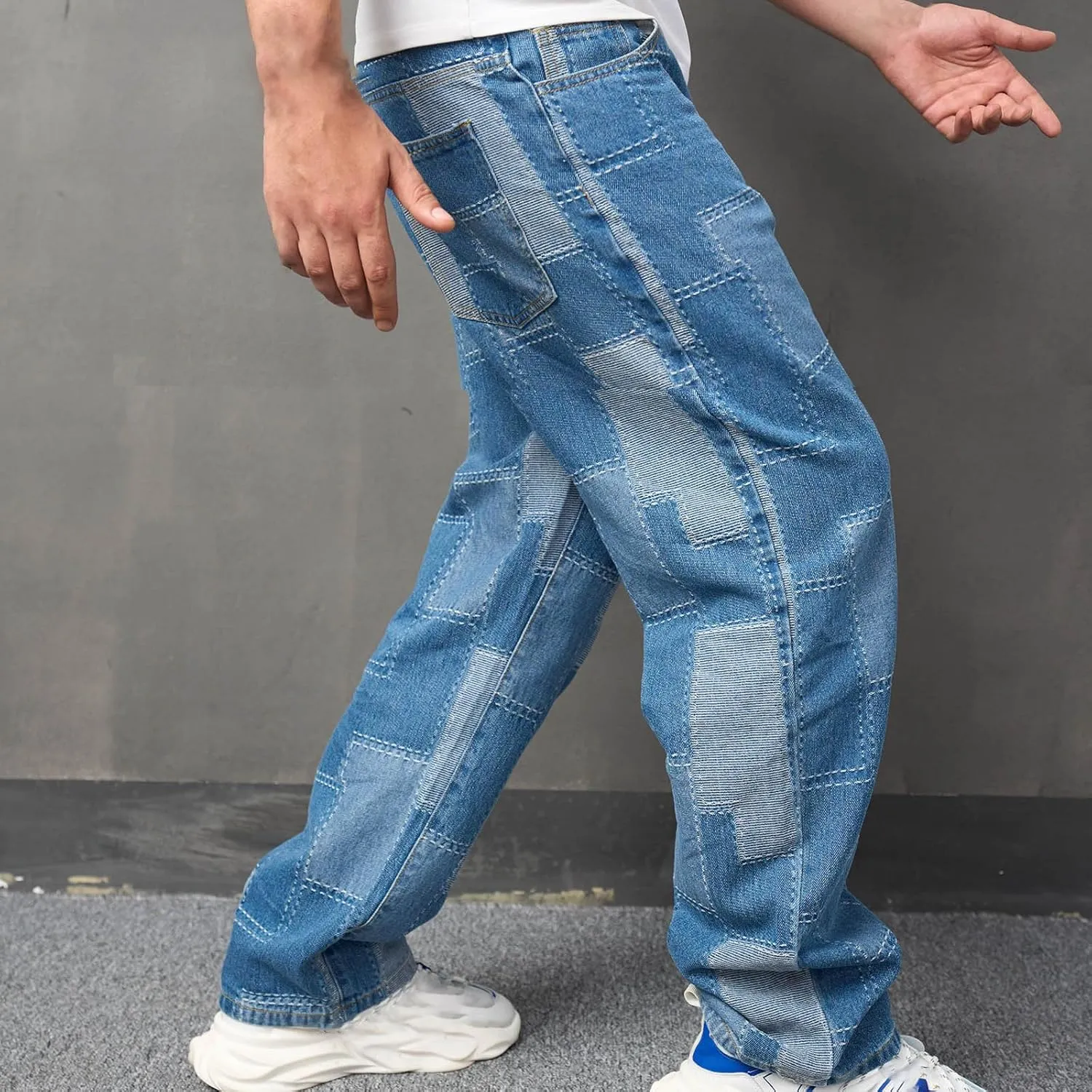 Bidobibo Mens Jeans Bootcut Wide-Leg Jeans Straight Leg Carpenter Denim Pants Loose Fit Trousers Light Blue Patch Jeans