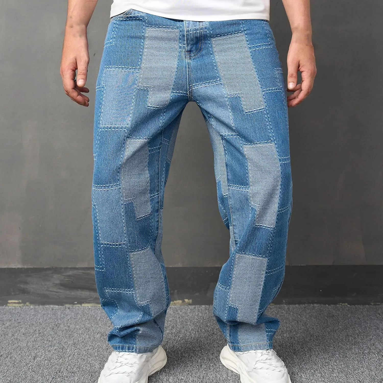 Bidobibo Mens Jeans Bootcut Wide-Leg Jeans Straight Leg Carpenter Denim Pants Loose Fit Trousers Light Blue Patch Jeans