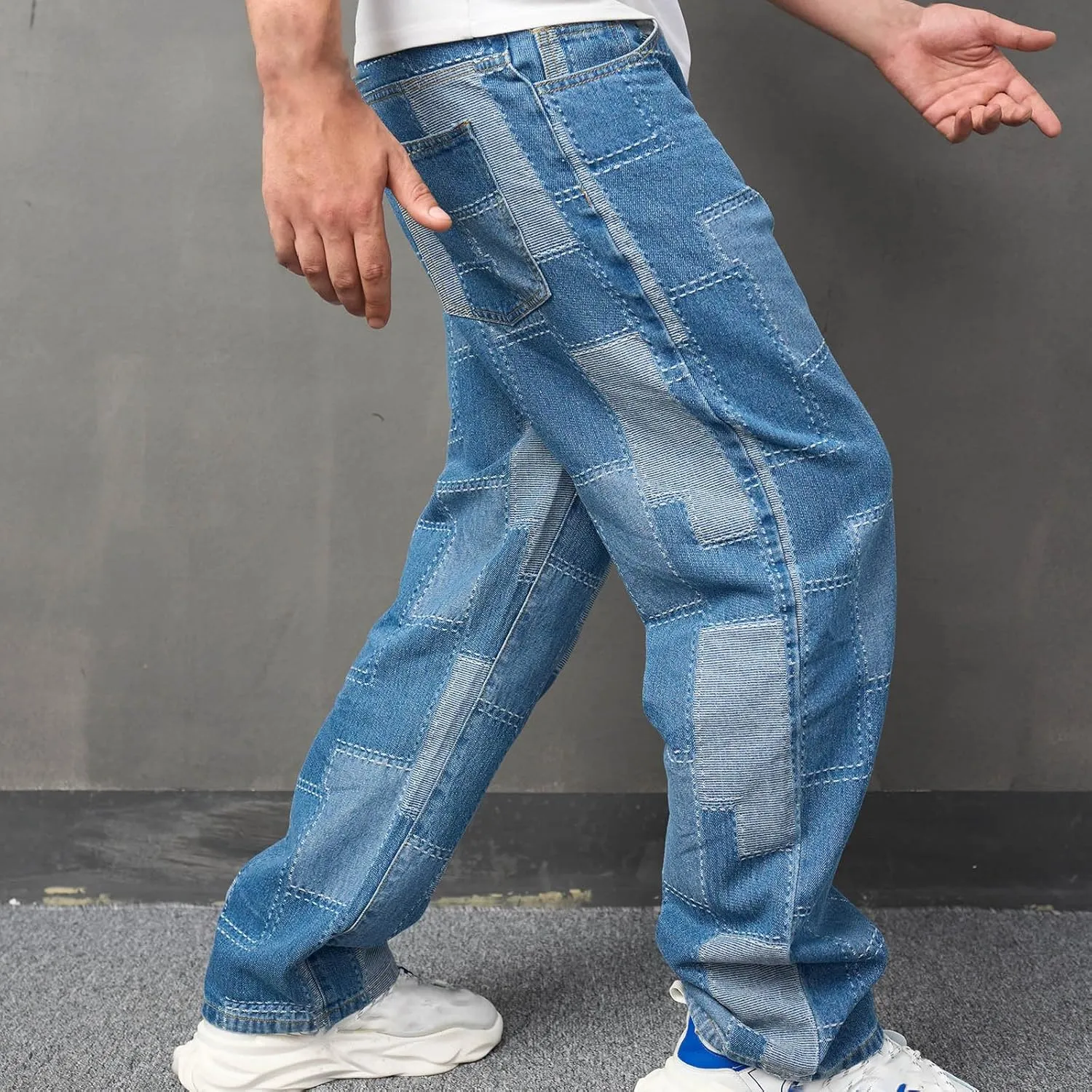 Bidobibo Mens Jeans Bootcut Wide-Leg Jeans Straight Leg Carpenter Denim Pants Loose Fit Trousers Light Blue Patch Jeans