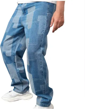 Bidobibo Mens Jeans Bootcut Wide-Leg Jeans Straight Leg Carpenter Denim Pants Loose Fit Trousers Light Blue Patch Jeans