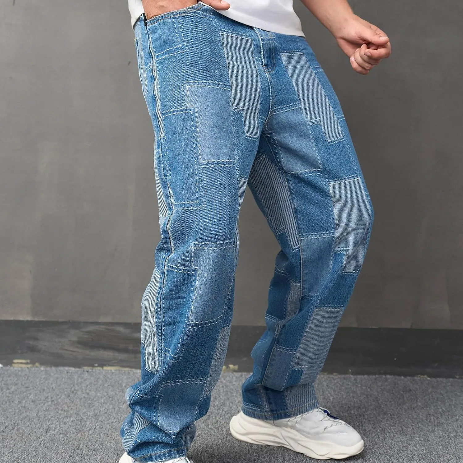 Bidobibo Mens Jeans Bootcut Wide-Leg Jeans Straight Leg Carpenter Denim Pants Loose Fit Trousers Light Blue Patch Jeans