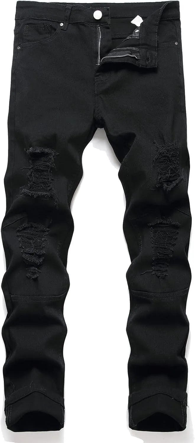 Bidobibo Mens Jeans Stretch Slim Fit Ripped Jeans Y2K Hip Hop Distressed Denim Pants Straight Leg Skinny Slim Fit Biker Jeans