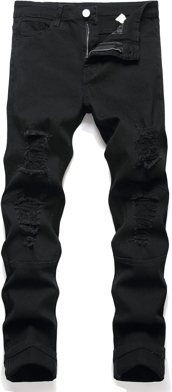 Bidobibo Mens Jeans Stretch Slim Fit Ripped Jeans Y2K Hip Hop Distressed Denim Pants Straight Leg Skinny Slim Fit Biker Jeans