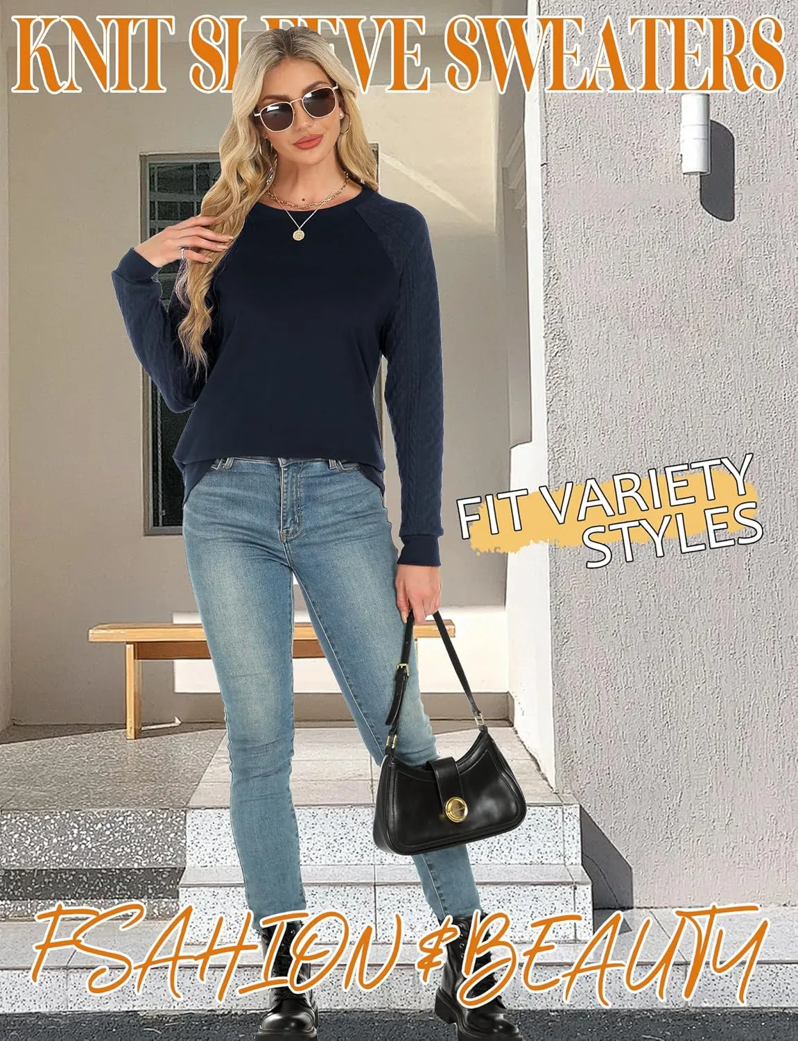 Buauty Womens Sweatshirts Crewneck Cable Knit Sleeve Pullover Sweaters Lightweight Fall Fashion Casual Tunic Tops