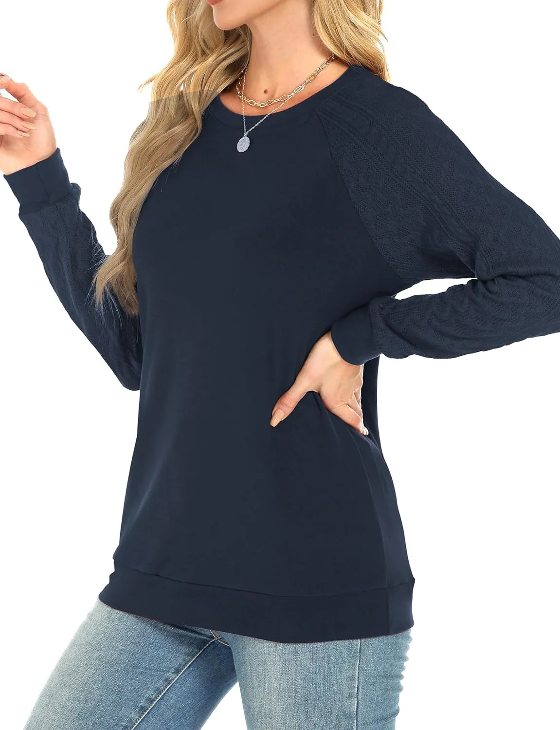 Buauty Womens Sweatshirts Crewneck Cable Knit Sleeve Pullover Sweaters Lightweight Fall Fashion Casual Tunic Tops
