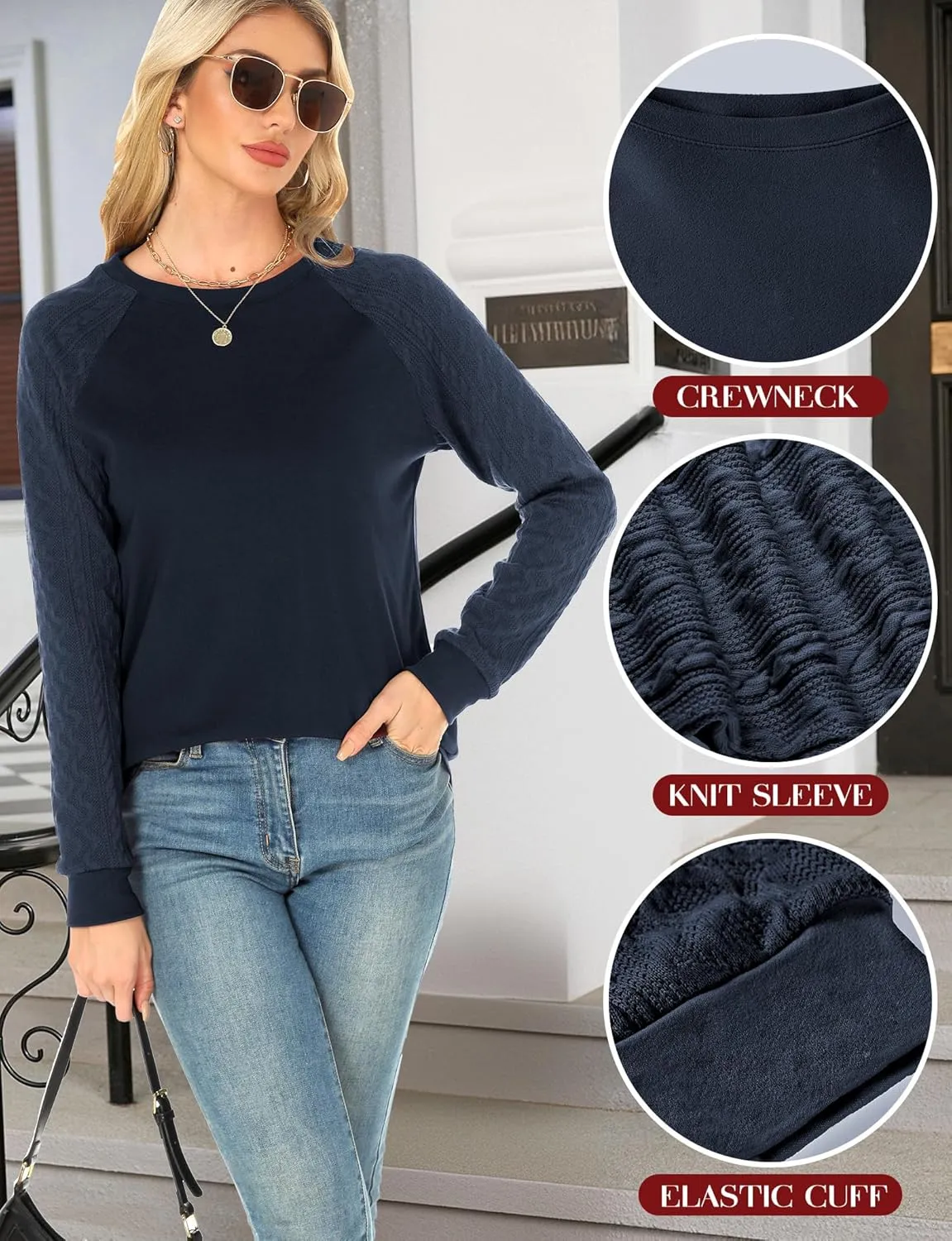 Buauty Womens Sweatshirts Crewneck Cable Knit Sleeve Pullover Sweaters Lightweight Fall Fashion Casual Tunic Tops