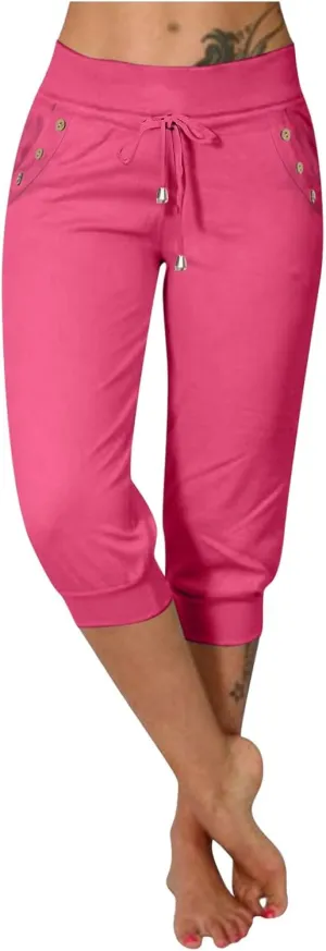 Capris Pant for Women High Waist Drawstring Stretch Jogger Soft Lightweight Yoga Hiking Pant with Pockets