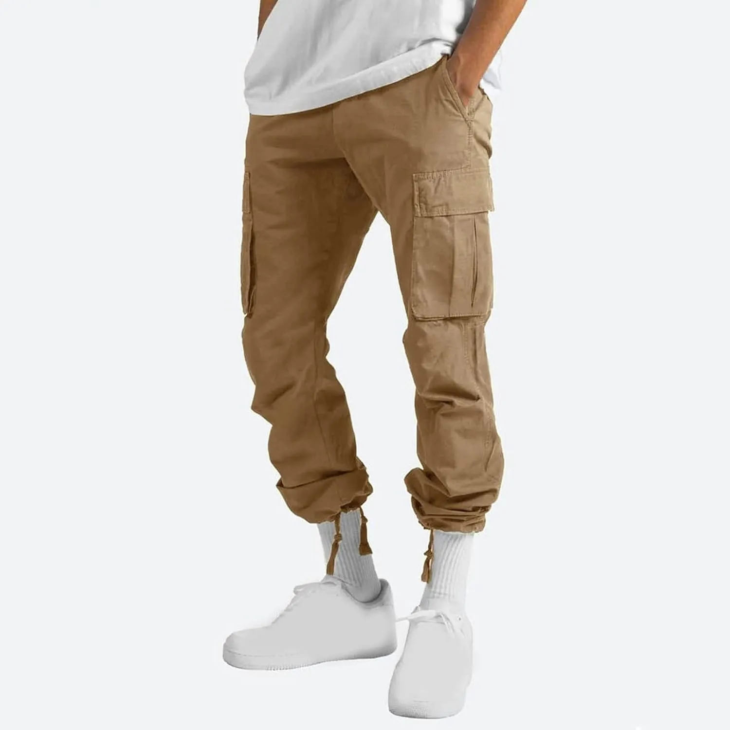 Cargo Pants for Men 2024 Relaxed Fit Causal Work Streetwear Khaki Baggy Joggers with Zipper Pockets Drawstring Sweatpants