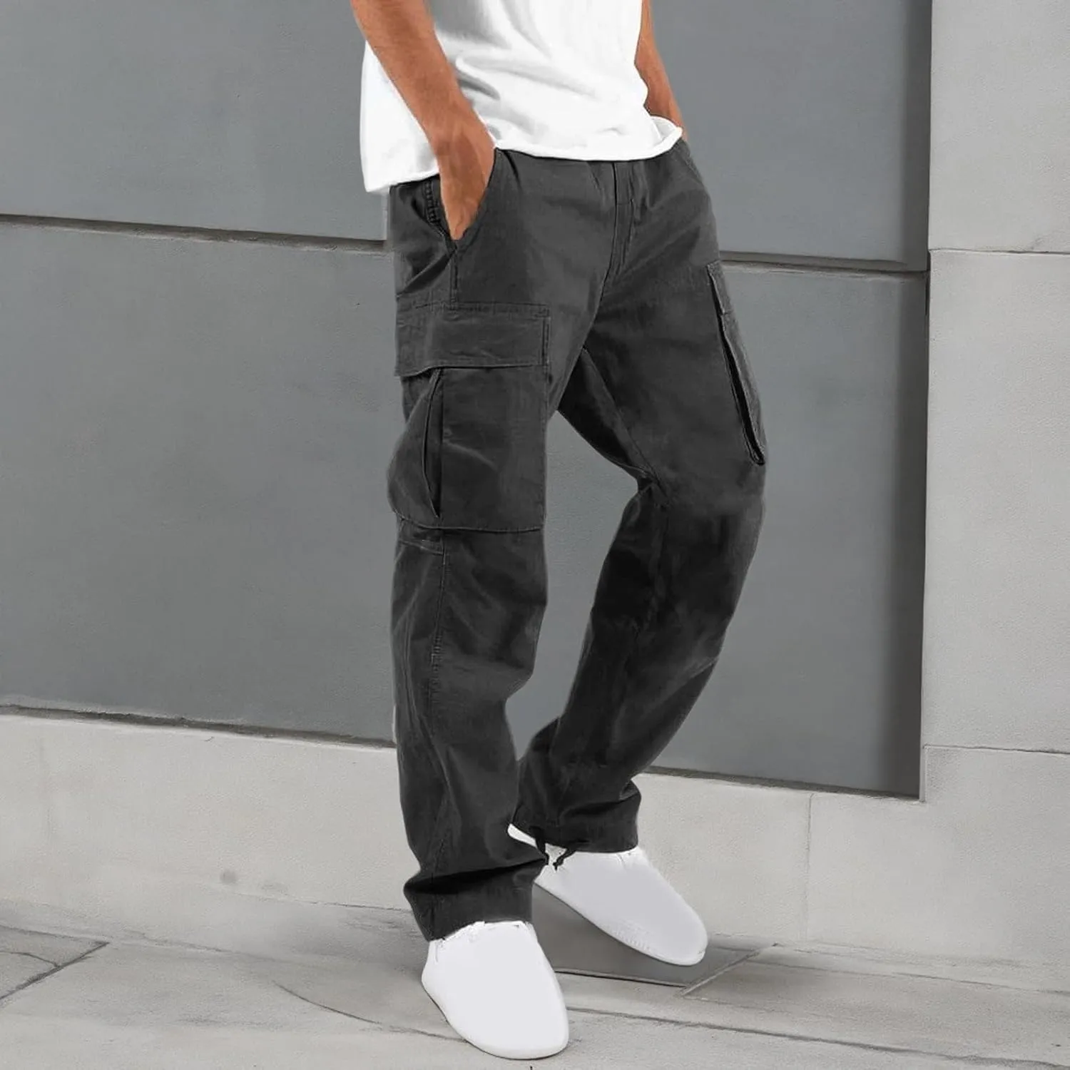 Cargo Pants for Men 2024 Relaxed Fit Causal Work Streetwear Khaki Baggy Joggers with Zipper Pockets Drawstring Sweatpants