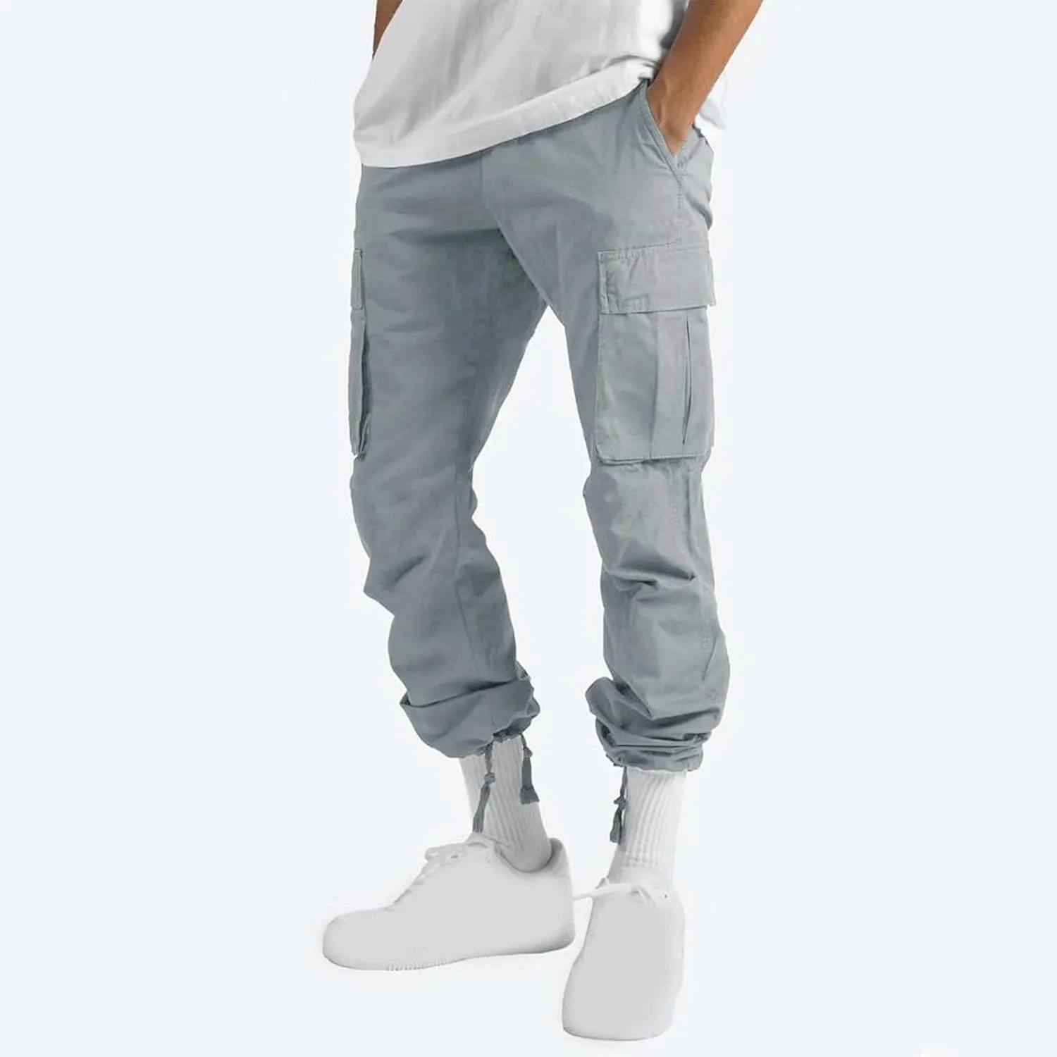 Cargo Pants for Men 2024 Relaxed Fit Causal Work Streetwear Khaki Baggy Joggers with Zipper Pockets Drawstring Sweatpants