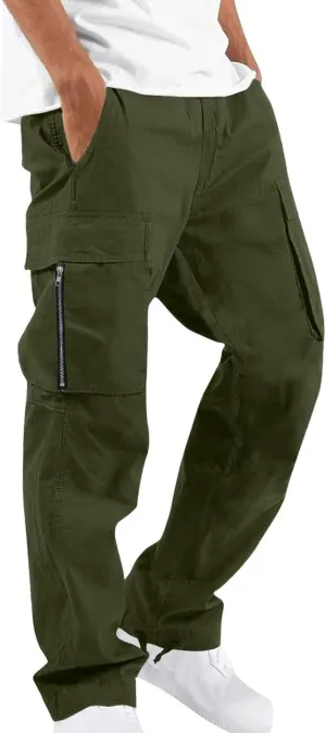 Cargo Pants for Men Baggy Elastic Waist Pants Straight Leg Drawstring Pants Casual Hiking Pants Stretch Jogging Pants