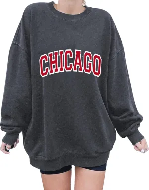 Chicago Sweatshirts for Women Oversized Crewneck Fleece Letter Print Pullover Tops Heavyweight Fall Trendy Tunic Blouse