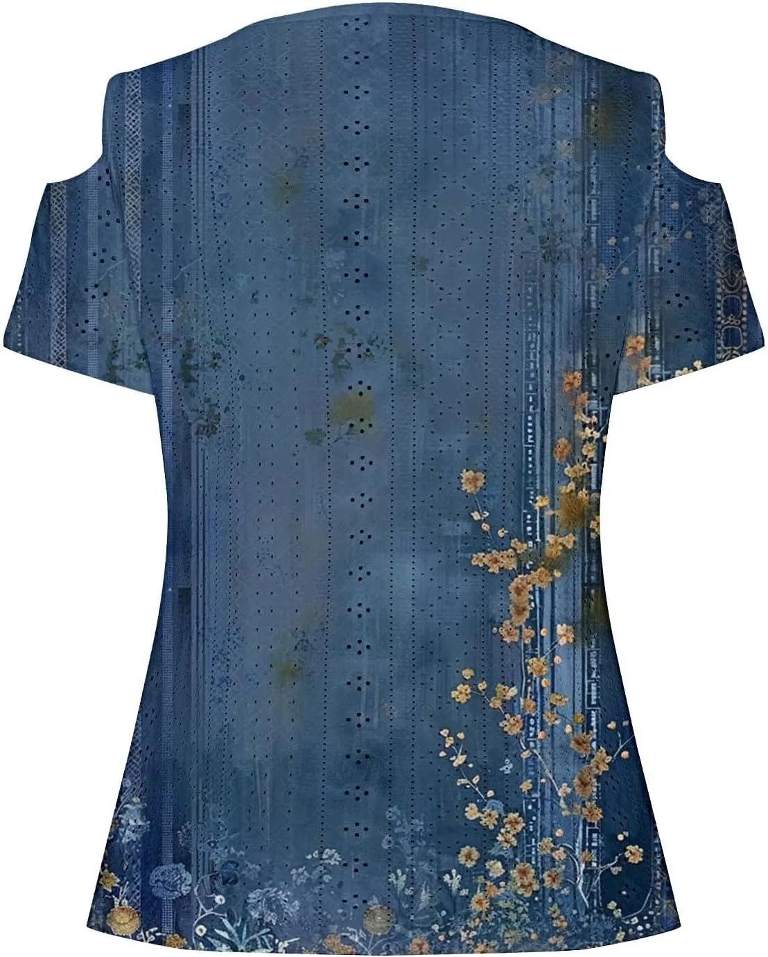 Cold Shoulder Tops for Women Summer Hollow Out Eyelet Short Sleeve Blouse Retro Floral Print Short Sleeve Tshirts