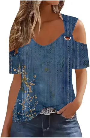 Cold Shoulder Tops for Women Summer Hollow Out Eyelet Short Sleeve Blouse Retro Floral Print Short Sleeve Tshirts