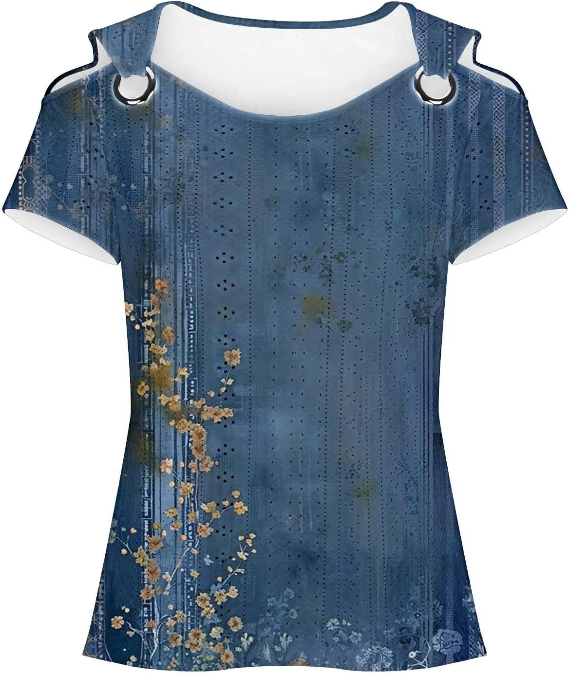 Cold Shoulder Tops for Women Summer Hollow Out Eyelet Short Sleeve Blouse Retro Floral Print Short Sleeve Tshirts