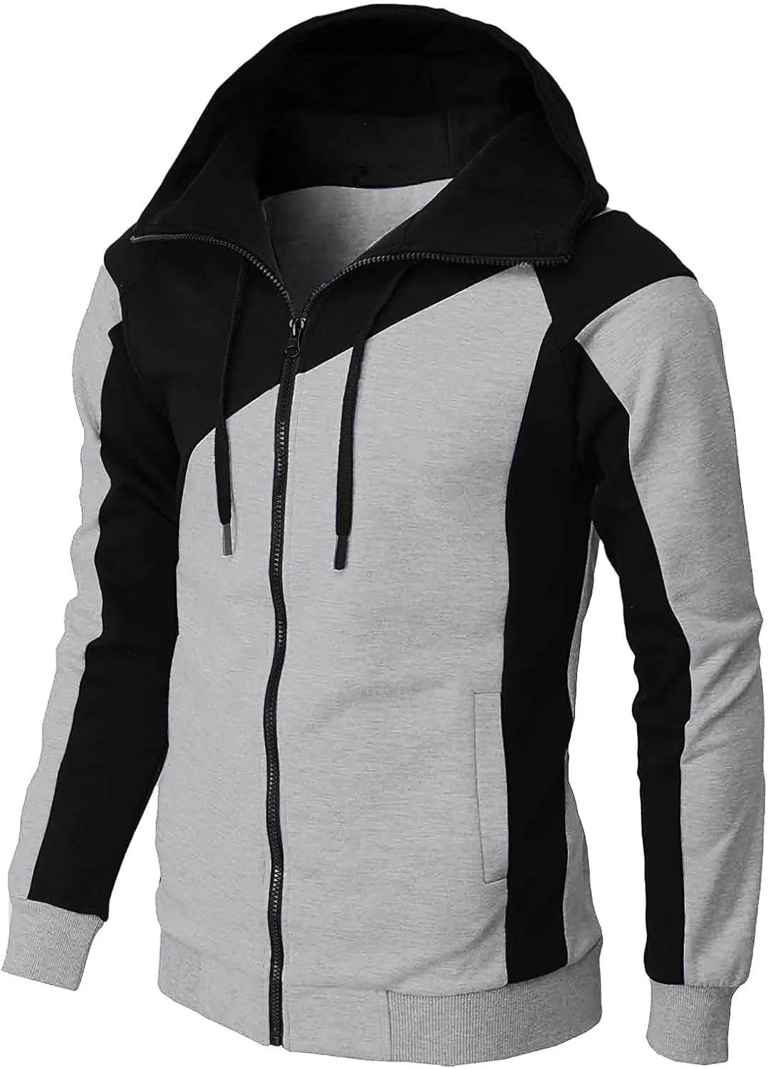 Color Block Hoodies for Men Slim Fit Lightweight Long Sleeve Full Zip Drawstring Hooded Sweatshirts Track Jackets