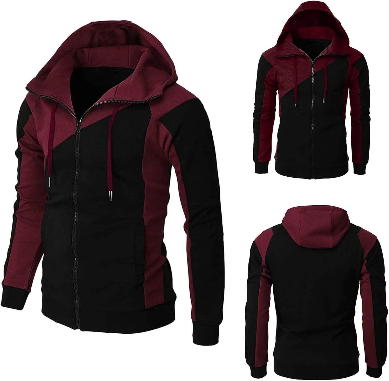 Color Block Hoodies for Men Slim Fit Lightweight Long Sleeve Full Zip Drawstring Hooded Sweatshirts Track Jackets