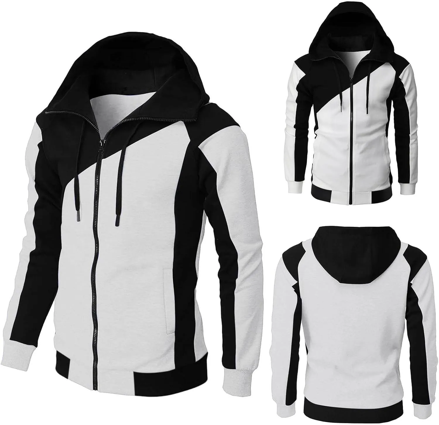 Color Block Hoodies for Men Slim Fit Lightweight Long Sleeve Full Zip Drawstring Hooded Sweatshirts Track Jackets