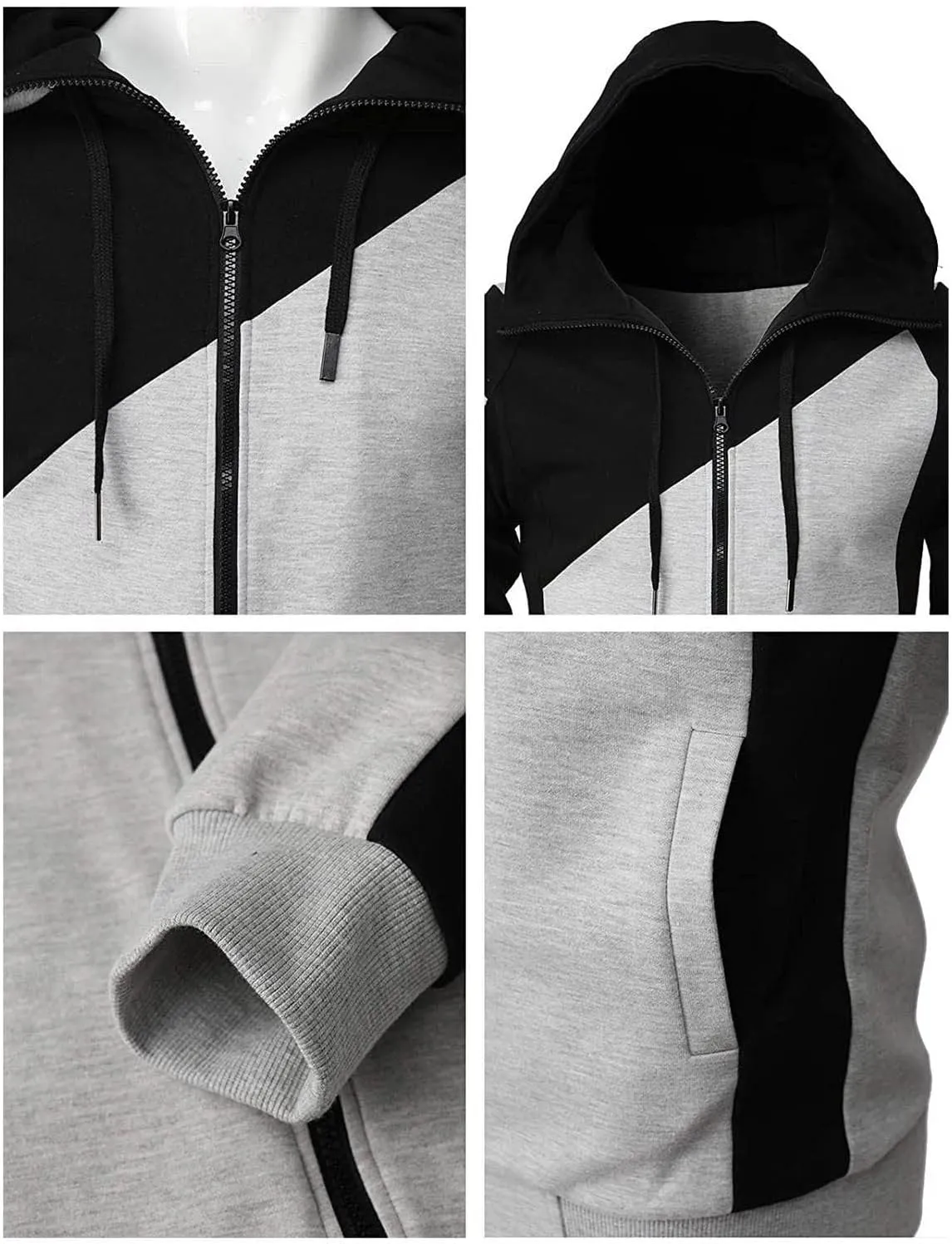 Color Block Hoodies for Men Slim Fit Lightweight Long Sleeve Full Zip Drawstring Hooded Sweatshirts Track Jackets
