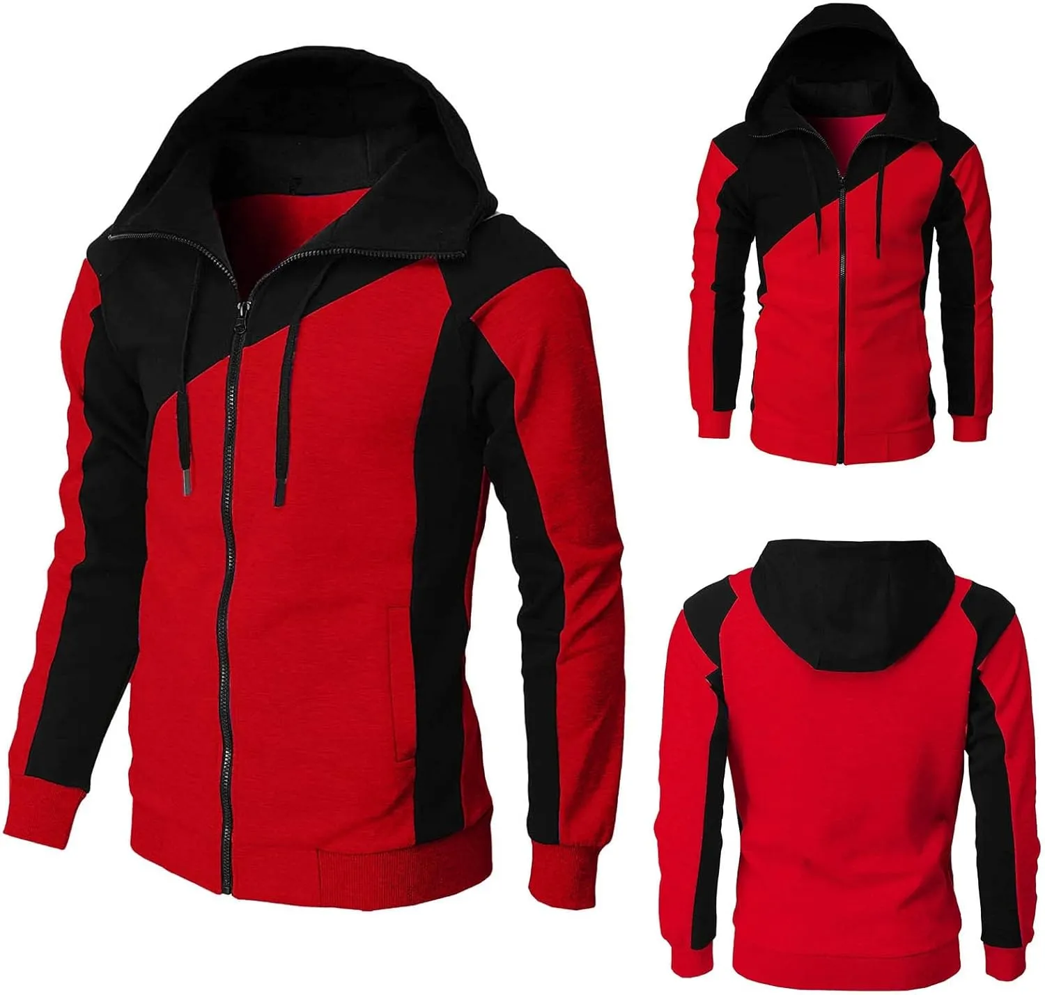 Color Block Hoodies for Men Slim Fit Lightweight Long Sleeve Full Zip Drawstring Hooded Sweatshirts Track Jackets