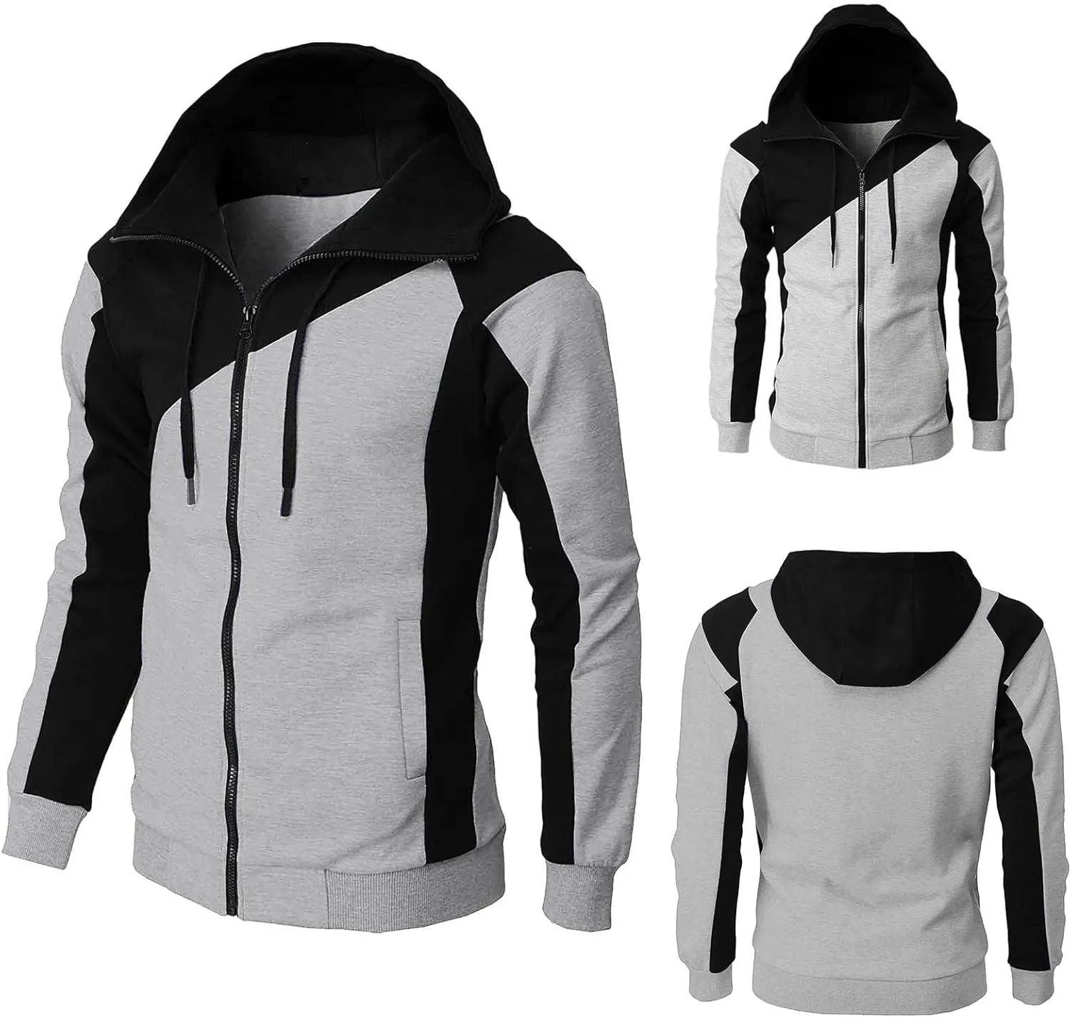 Color Block Hoodies for Men Slim Fit Lightweight Long Sleeve Full Zip Drawstring Hooded Sweatshirts Track Jackets