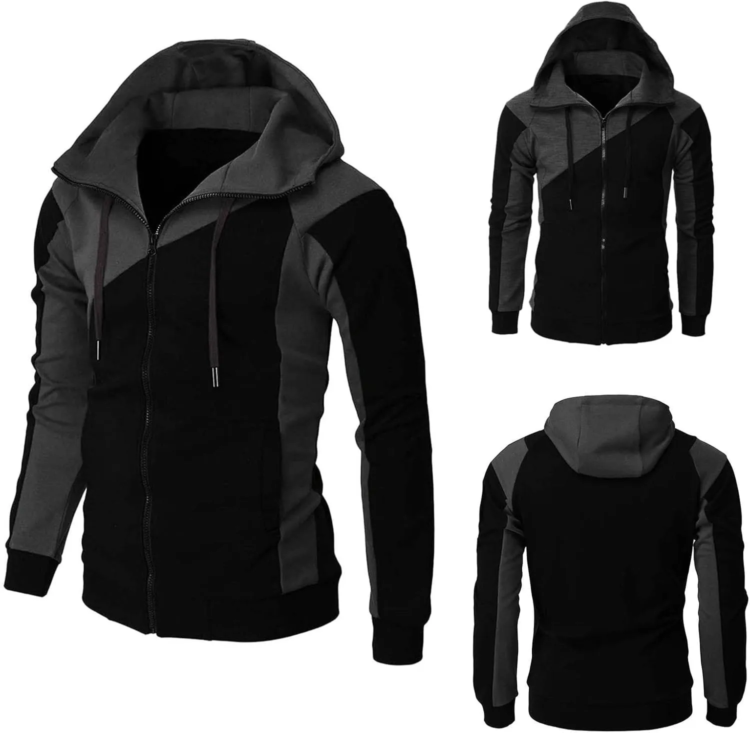 Color Block Hoodies for Men Slim Fit Lightweight Long Sleeve Full Zip Drawstring Hooded Sweatshirts Track Jackets