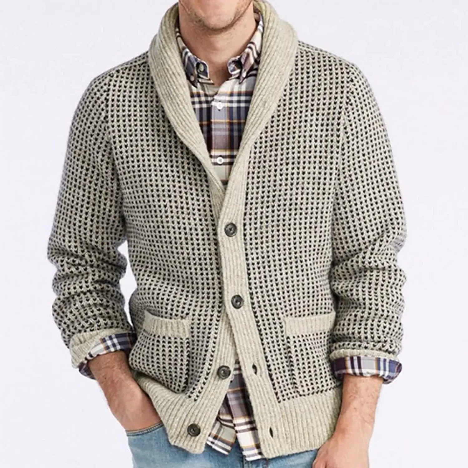 Color Block Sweater Men Shawl Collar Cardigans Button Up Knit Cardigan Slim Fit Lightweight Cable Knit Sweaters